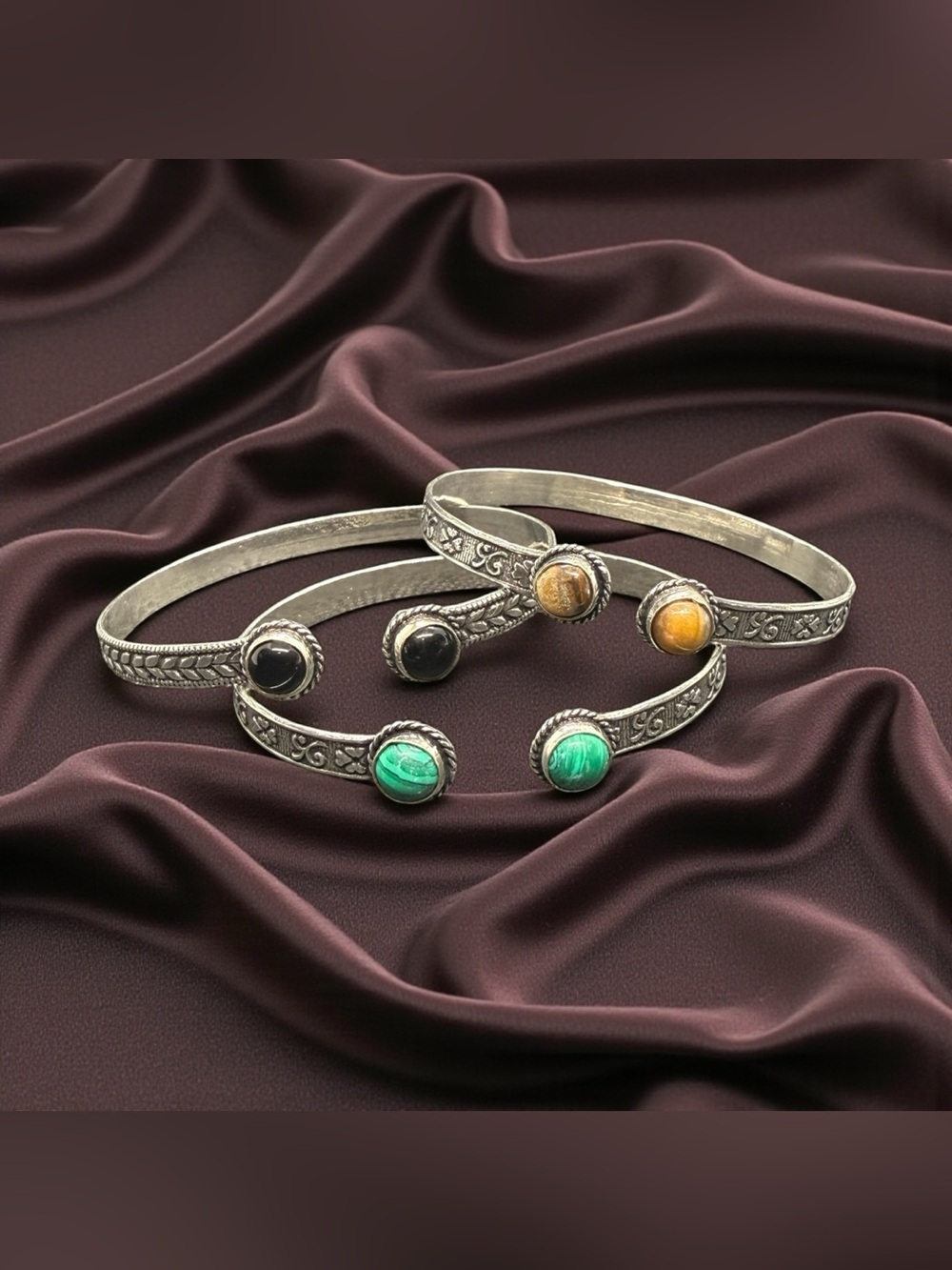 🩶3 Silver-Tone Cuff Bracelets w/Genuine Malachite, Black Onyx & Tiger Eye/NWOT🩶 - Picture 3 of 3